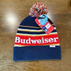 Budweiser Navy Blue and Red Striped Pom Pom Knit Beanie Hat